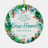 私たちの初めてのクリスマスは新しいホーム素朴リース セラミックオーナメント (正面)