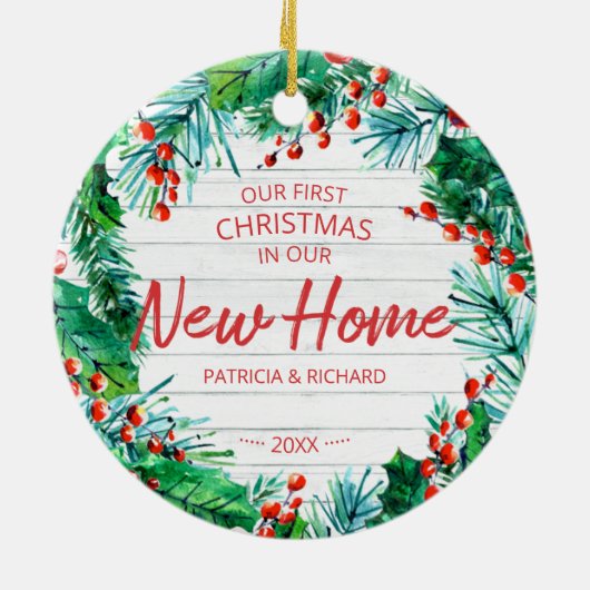 私たちの初めてのクリスマスは新しいホーム素朴リース セラミックオーナメント (裏面)