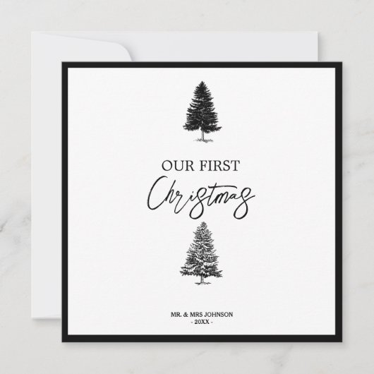 私たちの初めてのクリスマスは白黒の新婚の女性のミセス シーズンカード (正面)