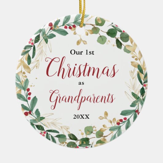 私たちの初めてのクリスマスは祖父母として緑の金ゴールド セラミックオーナメント (正面)