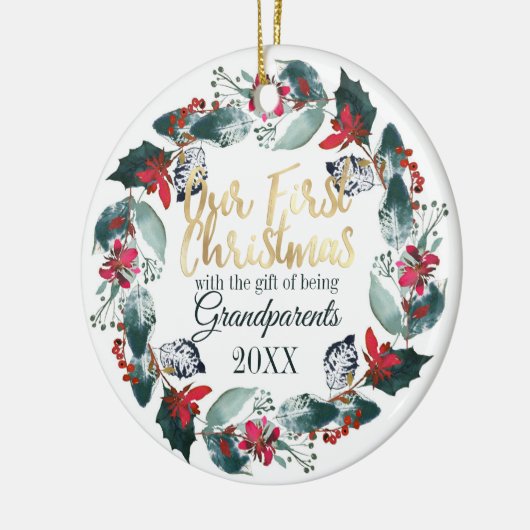 私たちの初めてのクリスマスは祖父母として赤フローラ セラミックオーナメント (左)
