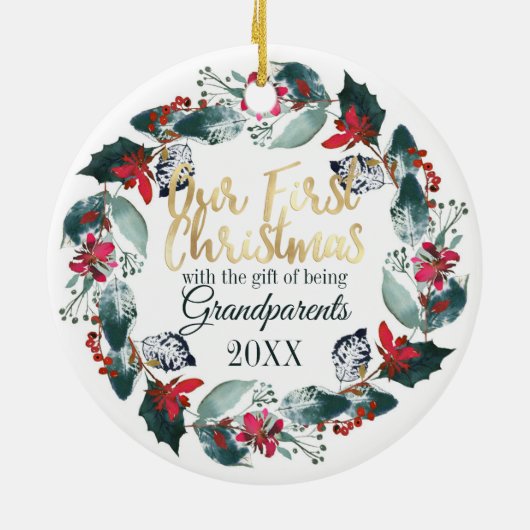 私たちの初めてのクリスマスは祖父母として赤フローラ セラミックオーナメント (裏面)