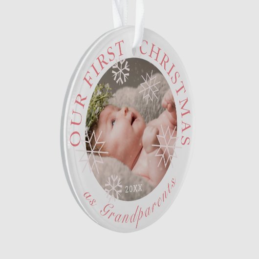 私たちの初めてのクリスマスは祖父母のピンクの写真 オーナメント (正面)