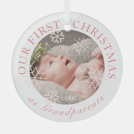 私たちの初めてのクリスマスは祖父母のピンクの写真 ガラスオーナメント (正面)