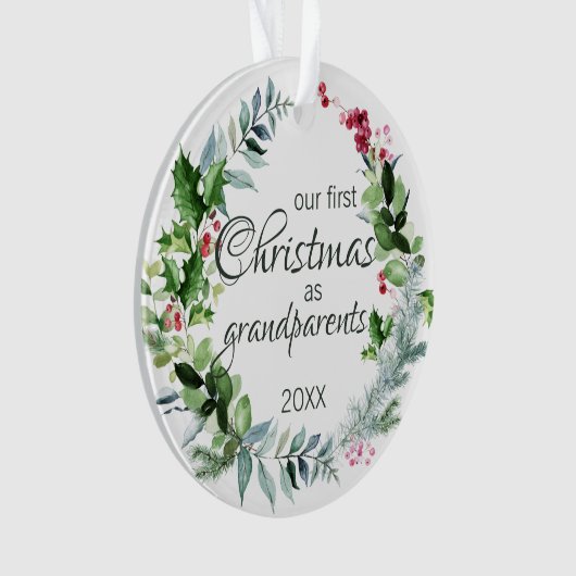 私たちの初めてのクリスマスは祖父母のモダンリース オーナメント (正面)