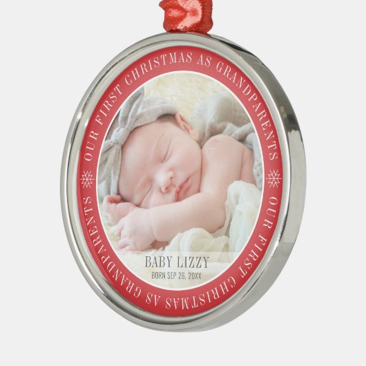 私たちの初めてのクリスマスは祖父母のモダン写真 メタルオーナメント (左)