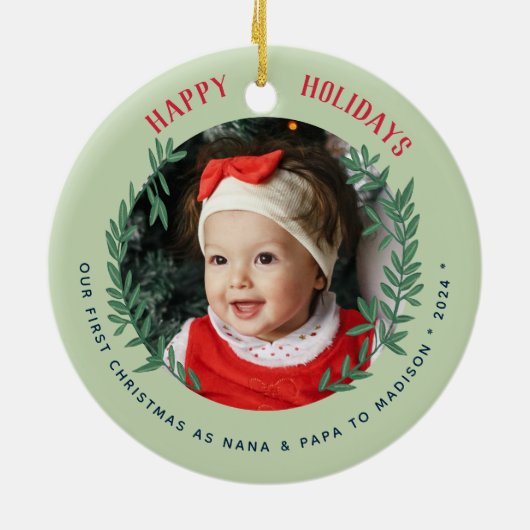 私たちの初めてのクリスマスは祖父母の写真 セラミックオーナメント (裏面)