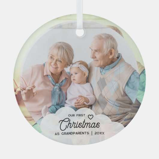 私たちの初めてのクリスマスは祖父母の家族の写真 ガラスオーナメント (正面)
