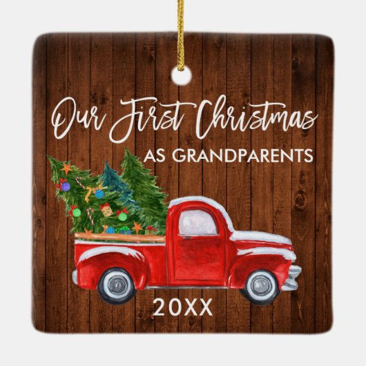 私たちの初めてのクリスマスは祖父母ウッドトラック セラミックオーナメント (裏面)