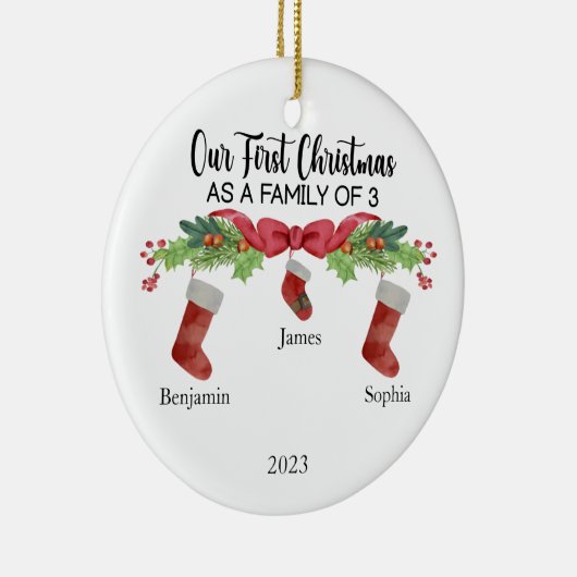 私たちの初めてのクリスマスは3つの名前をカスタムするの家族 セラミックオーナメント (右)