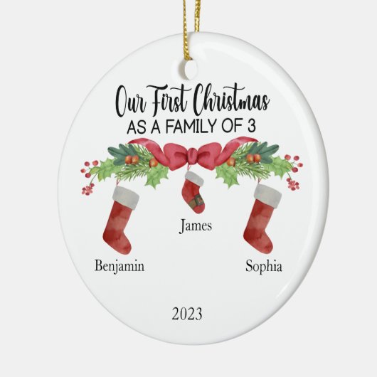 私たちの初めてのクリスマスは3つの名前をカスタムするの家族 セラミックオーナメント (左)