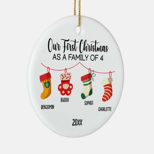 私たちの初めてのクリスマスは4つの名前をカスタムするの家族 セラミックオーナメント (右)