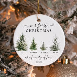 私たちの初めてのクリスマスは4人の家族として オーナメント<br><div class="desc">この素敵な記念初めてのクリスマスと一緒にあなたのオーナメントを思い出しなさい。このデザインは、4つのクリスマスツリーの家族を備えている。子供の名前と年を簡単に編集！新しい親の素晴らし贈り物にもなる！</div>