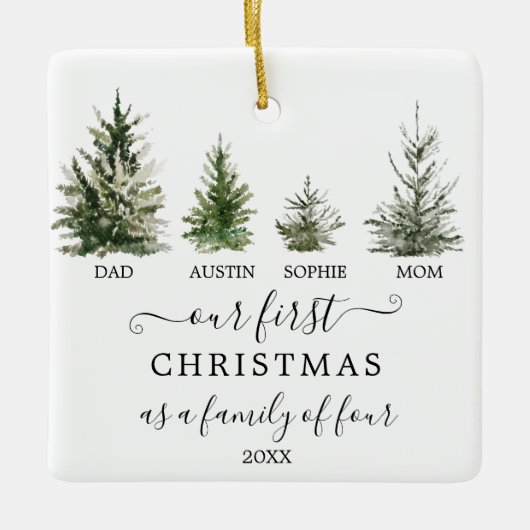 私たちの初めてのクリスマスは4人の家族として セラミックオーナメント (正面)