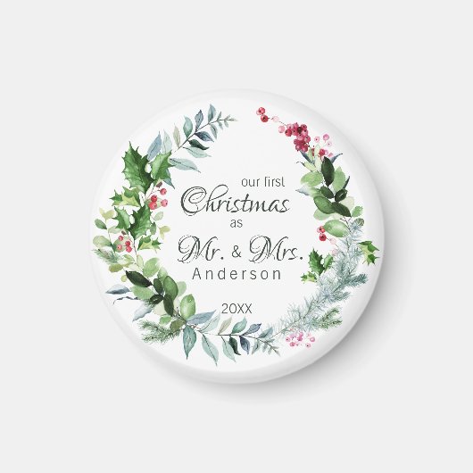 私たちの初めてのクリスマスはMr.とMrs. モダンリース マグネット (正面)