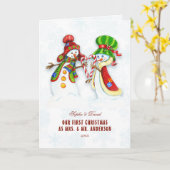 私たちの初めてのクリスマスはMr.ミセス・カワイイ雪だるま カード (黄色い花)