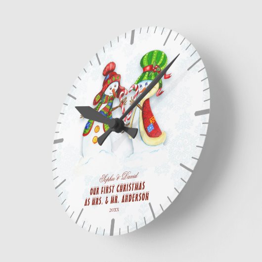 私たちの初めてのクリスマスはMr.ミセス・カワイイ雪だるま ラウンド壁時計 (傾斜)
