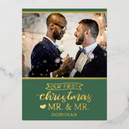 私たちの初めてのクリスマスはmr & mr newlyweds金ゴールド・フォイル 箔シーズンポストカード