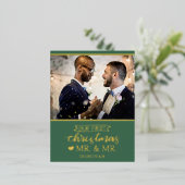 私たちの初めてのクリスマスはmr & mr newlyweds金ゴールド・フォイル 箔シーズンポストカード (立ち正面)