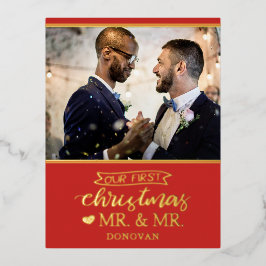 私たちの初めてのクリスマスはmr & mr newlyweds金ゴールド 箔シーズンポストカード