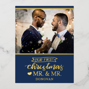 私たちの初めてのクリスマスはmr & mr newlyweds金ゴールド 箔シーズンポストカード