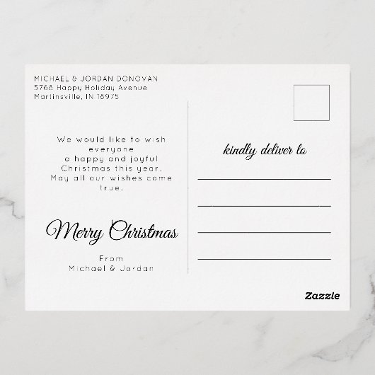 私たちの初めてのクリスマスはmr & mr newlyweds金ゴールド 箔シーズンポストカード (裏面)