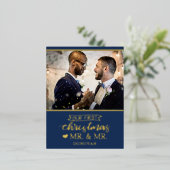 私たちの初めてのクリスマスはmr & mr newlyweds金ゴールド 箔シーズンポストカード (立ち正面)