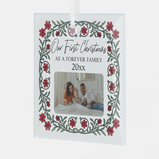 私たちの初めてのクリスマスを永遠の家族として採用 ガラスオーナメント (正面左)