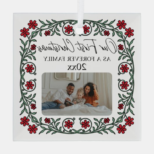 私たちの初めてのクリスマスを永遠の家族として採用 ガラスオーナメント (裏面)