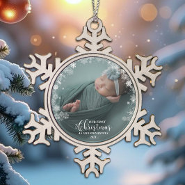 私たちの初めてのクリスマスを祖父母として写真オーナメント スノーフレークピューターオーナメント
