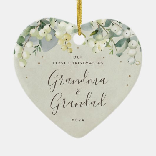 私たちの初めてのクリスマスを祖父母として写真ハート セラミックオーナメント (正面)