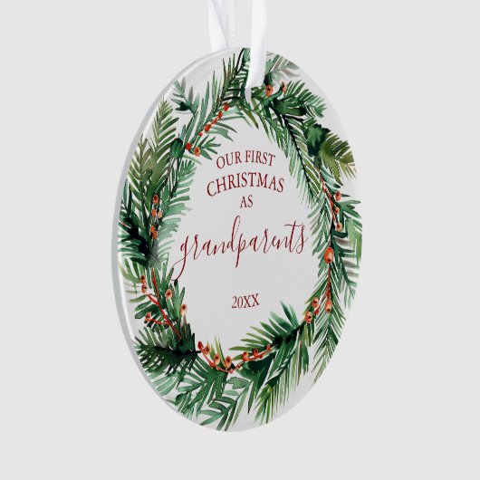 私たちの初めてのクリスマスを祖父母として写真リース オーナメント (正面)