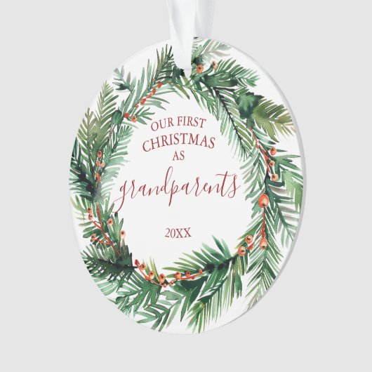 私たちの初めてのクリスマスを祖父母として写真リース オーナメント (正面)