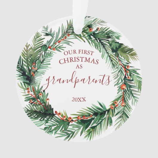 私たちの初めてのクリスマスを祖父母として写真リース オーナメント (正面)