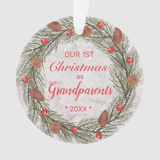 私たちの初めてのクリスマスを祖父母の写真リース オーナメント (正面)