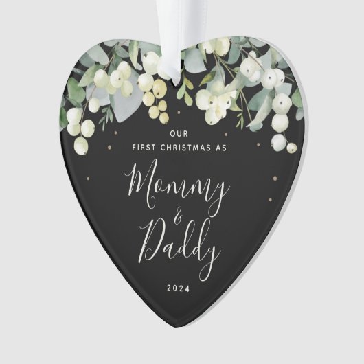 私たちの初めてのクリスマスを親の写真ハート オーナメント (正面)