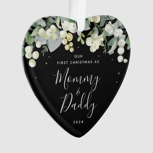 私たちの初めてのクリスマスを親の写真ハート オーナメント (正面)