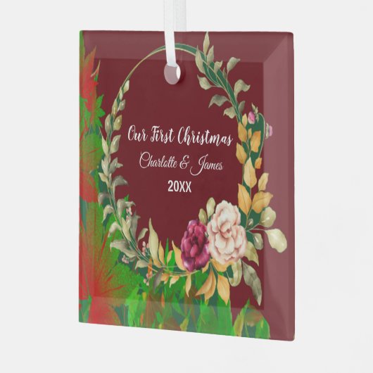 私たちの初めてのクリスマスウォーターカラーグリーンリースカスタム ガラスオーナメント (正面左)