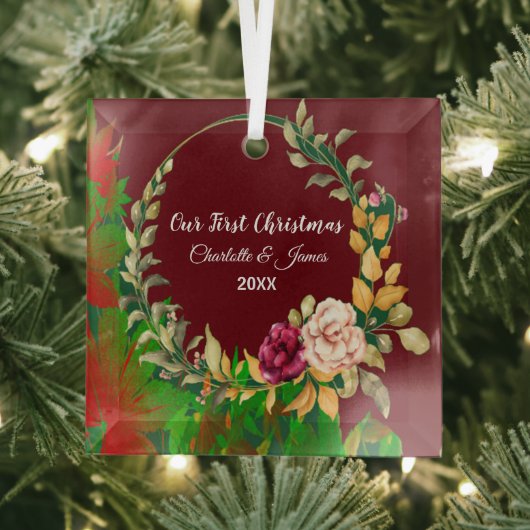 私たちの初めてのクリスマスウォーターカラーグリーンリースカスタム ガラスオーナメント (インサイチュ)