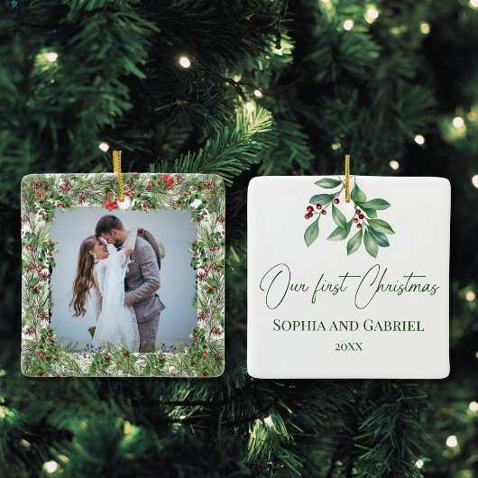 私たちの初めてのクリスマスエレガントな結婚式の新婚 セラミックオーナメント