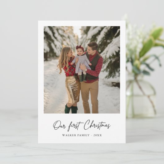 私たちの初めてのクリスマスエレガントのモダン家族の写真 シーズンカード (スタンド正面)