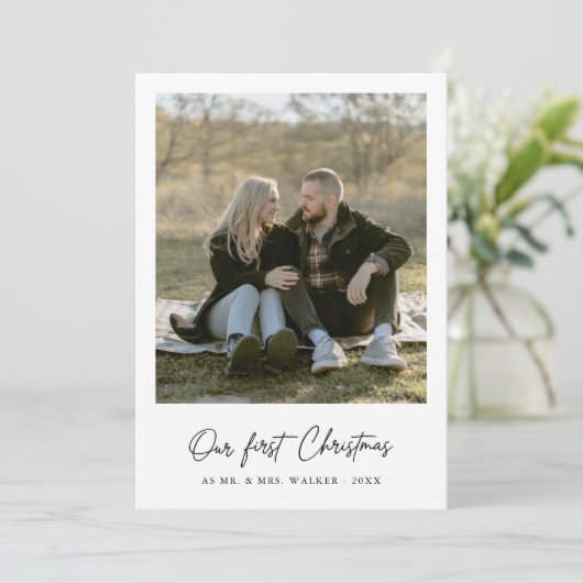 私たちの初めてのクリスマスエレガントの新しい写真カード シーズンカード (スタンド正面)