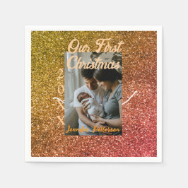 私たちの初めてのクリスマスオレンジ赤グリッター写真年 スタンダードカクテルナプキン