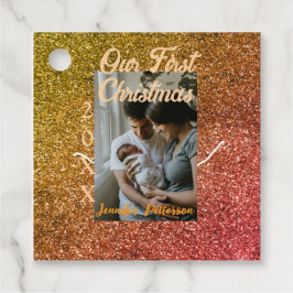 私たちの初めてのクリスマスオレンジ赤グリッター写真年 フェイバータグ