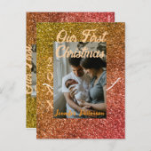 私たちの初めてのクリスマスオレンジ赤グリッター写真年 ポストカード (正面/裏面)