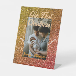 私たちの初めてのクリスマスオレンジ赤グリッター写真年 台座サイン