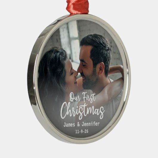 私たちの初めてのクリスマスカスタムカップルの名前と写真 メタルオーナメント (右)