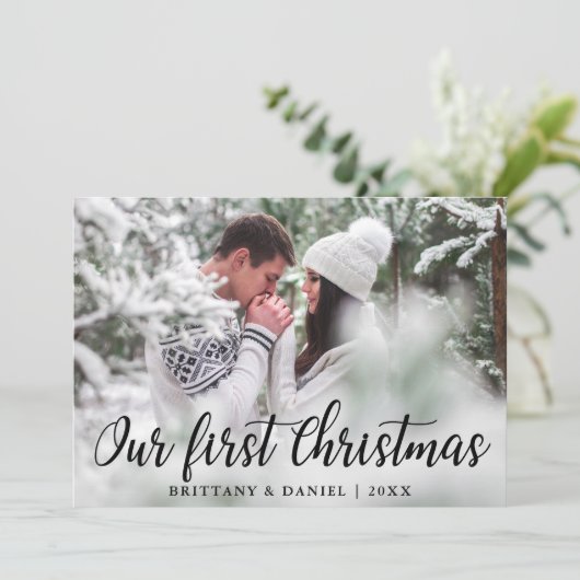 私たちの初めてのクリスマスカップルの写真カード 招待状 (スタンド正面)