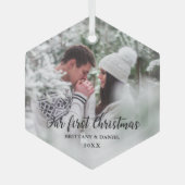 私たちの初めてのクリスマスカップルの写真 ガラスオーナメント (正面)