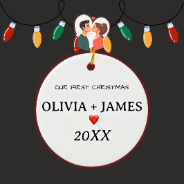 私たちの初めてのクリスマスカップルハート セラミックオーナメント